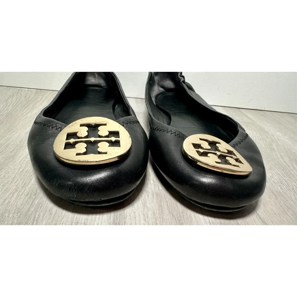 Tory‎ Burch Black Leather Ballet Flats Gold Logo Women Size 8.5